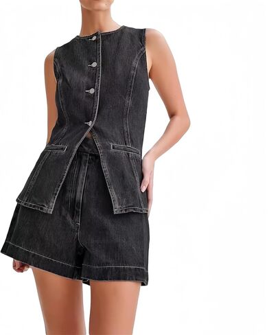 Women Y2k Denim 2 Piece Set Crew Neck Sleeveless Button Down Vest and High Waist Jean Shorts Pants Jean Outfit in Saudi Arabia