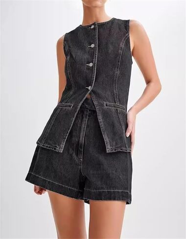 Women Y2k Denim 2 Piece Set Crew Neck Sleeveless Button Down Vest and High Waist Jean Shorts Pants Jean Outfit in Saudi Arabia