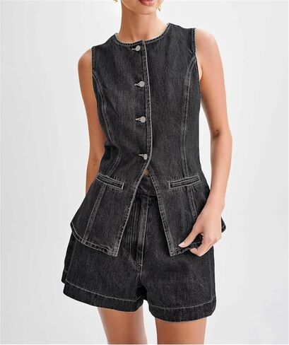 Women Y2k Denim 2 Piece Set Crew Neck Sleeveless Button Down Vest and High Waist Jean Shorts Pants Jean Outfit in Saudi Arabia