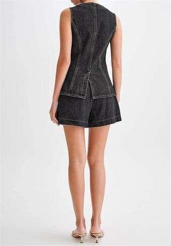 Women Y2k Denim 2 Piece Set Crew Neck Sleeveless Button Down Vest and High Waist Jean Shorts Pants Jean Outfit in Saudi Arabia