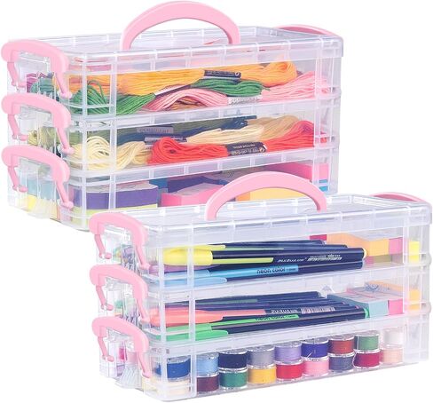 Pencil Box Plastic Storage Containers with Latching Lids Stackable Office Supplies Organizer with a Handle for Gel Pens Erasers Crafts Markers Crayon(2 x 3 Layer) in Saudi Arabia