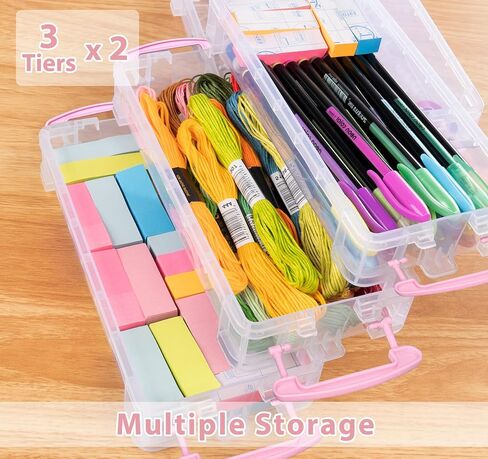 Pencil Box Plastic Storage Containers with Latching Lids Stackable Office Supplies Organizer with a Handle for Gel Pens Erasers Crafts Markers Crayon(2 x 3 Layer) in Saudi Arabia