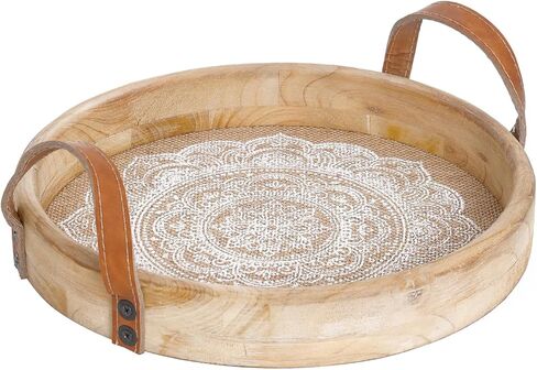 Round Decorative Tray for Home Decor,Boho Coffee Table Tray Decor for Living Room,Wooden Tray for Decor with Handles, Beaded Tray for Kitchen Island Counter Countertop Centerpiece in Kuwait