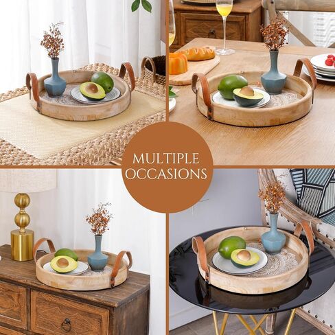Round Decorative Tray for Home Decor,Boho Coffee Table Tray Decor for Living Room,Wooden Tray for Decor with Handles, Beaded Tray for Kitchen Island Counter Countertop Centerpiece in Kuwait