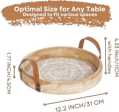 Round Decorative Tray for Home Decor,Boho Coffee Table Tray Decor for Living Room,Wooden Tray for Decor with Handles, Beaded Tray for Kitchen Island Counter Countertop Centerpiece in Kuwait