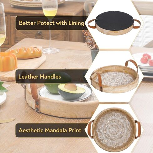 Round Decorative Tray for Home Decor,Boho Coffee Table Tray Decor for Living Room,Wooden Tray for Decor with Handles, Beaded Tray for Kitchen Island Counter Countertop Centerpiece in Kuwait