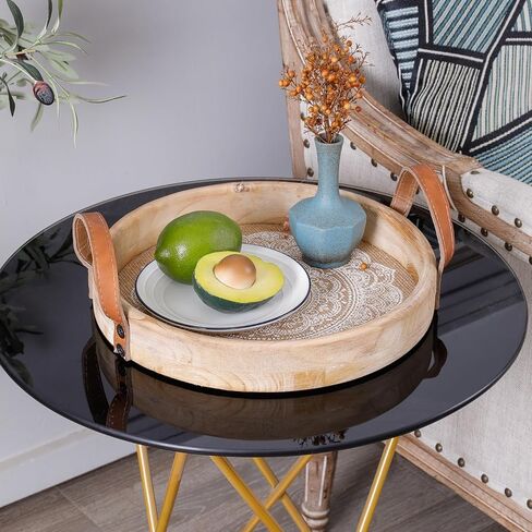 Round Decorative Tray for Home Decor,Boho Coffee Table Tray Decor for Living Room,Wooden Tray for Decor with Handles, Beaded Tray for Kitchen Island Counter Countertop Centerpiece in Kuwait