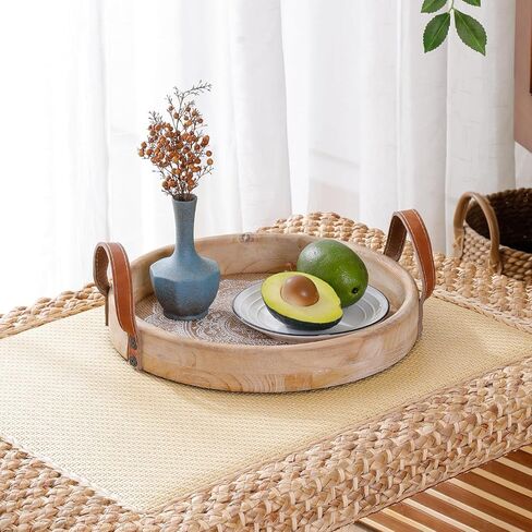 Round Decorative Tray for Home Decor,Boho Coffee Table Tray Decor for Living Room,Wooden Tray for Decor with Handles, Beaded Tray for Kitchen Island Counter Countertop Centerpiece in Kuwait