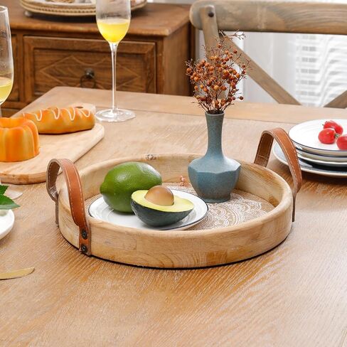 Round Decorative Tray for Home Decor,Boho Coffee Table Tray Decor for Living Room,Wooden Tray for Decor with Handles, Beaded Tray for Kitchen Island Counter Countertop Centerpiece in Kuwait
