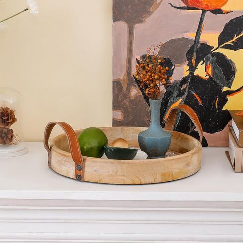 Round Decorative Tray for Home Decor,Boho Coffee Table Tray Decor for Living Room,Wooden Tray for Decor with Handles, Beaded Tray for Kitchen Island Counter Countertop Centerpiece in Kuwait