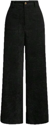 Women's Solid Patch Pocket Corduroy Mid Rise Wide Leg Pants Baggy Spring Break High Waist Button Detail in Saudi Arabia