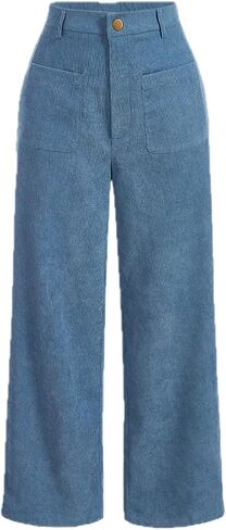 Women's Solid Patch Pocket Corduroy Mid Rise Wide Leg Pants Baggy Spring Break High Waist Button Detail in Saudi Arabia