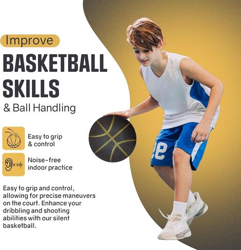 2024 ProVersion Silent Basketball - Indoor Basketball, Airless Basketball, Youth Basketball, Foam Basketball, Silent Basketball Dribbling Indoor, Size 7 (29.5"), Black & Gold in Saudi Arabia