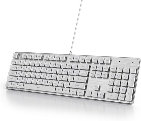 لوحة مفاتيح الألعاب Owpkeenthy باللون الأبيض، لوحة مفاتيح هادئة كاملة الحجم، لوحة مفاتيح هادئة بإضاءة خلفية زرقاء ثلجية، لوحة مفاتيح مربعة للمكتب مع لوحة معدنية لأجهزة الكمبيوتر المحمول، وأجهزة الكمبيوتر المكتبية (104 أبيض) in Kuwait