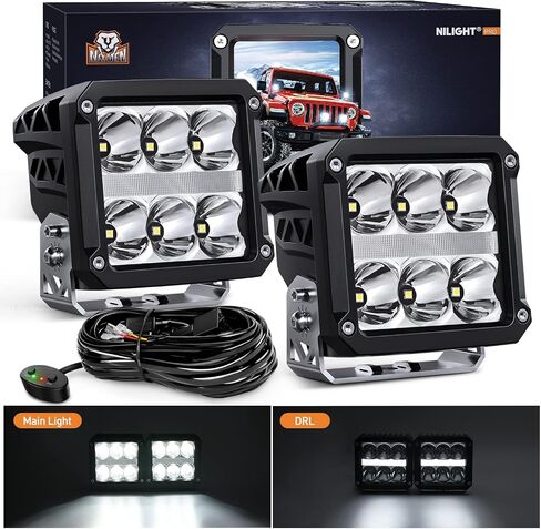 Nilight 3.2 Inch Square LED Pod Lights with DRL 20W 2510LM 10° Super Spot Light 16AWG Wiring Harness Kit for Auxiliary Offroad LED Driving Ditch Lights for Truck UTV ATV SUV 4x4, 5 Years Warranty in Saudi Arabia