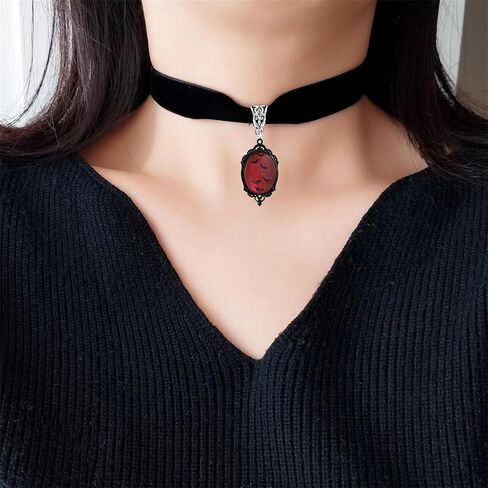 Gothic Velvet Victorian Choker Necklace,Vintage Stardust Crystal Cameo Necklace Goth Red Gem Pendant Necklace Punk Satan Demon Necklace Halloween Jewelry Gift for Women in Saudi Arabia