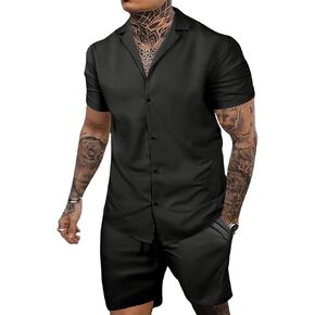 Men's 2 Piece Outfits Short Sleeve Button Down Shirts and Drawstring Waist Shorts Set Beach Tracksuits