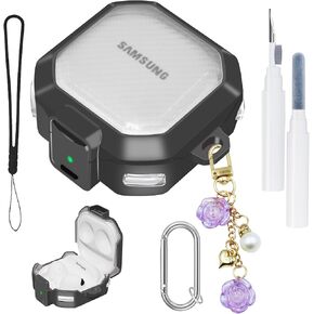 Purple Clear Case for Samsung Galaxy Buds FE/2 Pro/Pro/Live Secure Lock Cover with Cleaning Pen, Snap Switch for Galaxy Buds Fe Case with Silicone Wrist Strap Cute Flower Pendant Keychain for Women