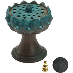 Ceramic Incense Holder with Lid,Lotus Pod Incense Cone Burner for Coil Incense and Powder Incense Burner,Mediation Gift,Decor Yoga Room（Cyan）