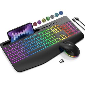 SABLUTE Wireless Keyboard and Mouse Combo, 9 Backlit Effects, Wrist Rest, Phone Holder, Ergonomic 2.4G Lag-free Keyboards, Rechargeable Silent Cordless Set for Mac, Windows, Laptop, PC, Black