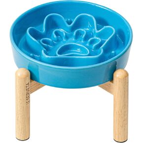 Paw Design Slow Feeder Dog Bowl, 3 Cups Slow Feeder with Wooden Stand, Elevated Dog Food Bowl, Puzzle Food Bowl, Food Bowl for Medium Large Breed, Blue