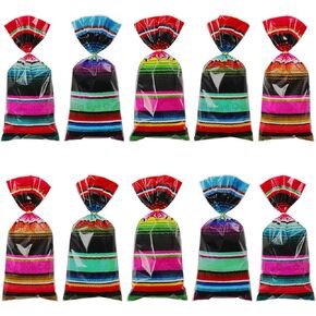 100 Pcs Mexican Fiesta Cellophane Treat Bags Favor Cello Plastic Candy Goodie Bag with 100 Golden Twist Ties Cinco De Mayo Mexican Theme Birthday Party Supplies Small