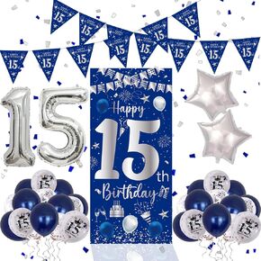10th Birthday Decorations for Boys Girls, Navy Blue Silver Happy 10th Birthday Double Digits Door Banner Decorations, 32’’ Number 10 Foil Balloon With Triangle Flag 10 Year Old Son Bday Party Supplies