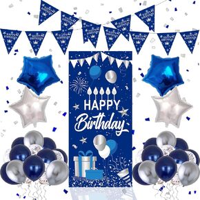 10th Birthday Decorations for Boys Girls, Navy Blue Silver Happy 10th Birthday Double Digits Door Banner Decorations, 32’’ Number 10 Foil Balloon With Triangle Flag 10 Year Old Son Bday Party Supplies