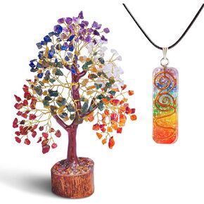 PREK Crystals and Stones, Seven Chakra Crystal Showpiece for Home Decor Decoration Bonsai Money Tree with Pendant, Size 10-12 inches, Multicolor Golden Wire 2. 1 Piece