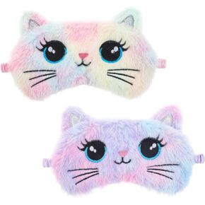 Sleep Mask for Kids, 2 Pcs Cute Cat Sleeping Eye Mask Colorful Soft Plush Girls Sleep Mask Comfortable Funny Animal Night Eye Masks for Sleeping Blindfold Eye Cover for Women Girls Home Travel