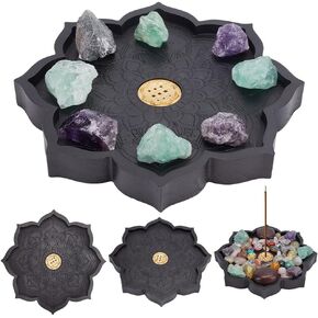 INFUNLY Wooden Incense Burner for Gemstone Lotus Crystal Tray for Stones Wood Lotus Display Tray 8.9x8.9 Lotus Mandala Crystal Tray Lotus Crystal Holder Tray for Jewelry Rock Home Decor