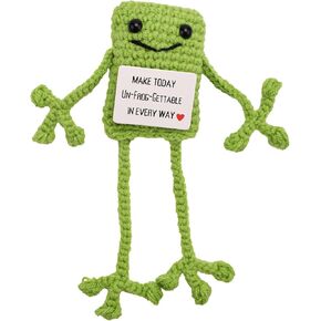 Funny Positive Frog, 6.69in Novelty Knitted Frog Toy Mini Handmade Frog Creative Knitted Wool Frog Doll with Positive Affirmations Cards for Encouragement Birthday Gifts Room Party Decoration