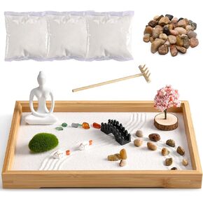 Quinys Mini Zen Garden for desk Japenese Sand Garden for anxiety relief Zen Sand Garden for Home, Office Desk decor/ Best for Mental relaxation / Sand tray Therapy kit Rectangular (12" * 8")