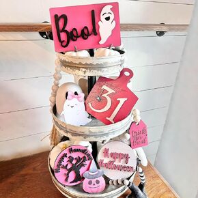 7 Pcs Pink Halloween Decorative Table Tiered Tray Decor, Cute Wooden Ghost Sign for Layered Flat Decorations, Candy Sign Blocks for Party Home Shelf Display (Pink)