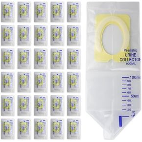 30 Pcs Pediatric Urine Bag Collectors, Clear Urine Catcher Pouch Adhesive Surface, 100ml Spill Proof Infant Urine Collection Bags - Ideal Disposable Pediatric Urine Collectors