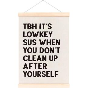 laveliabel Clean Up After Yourself Sign Poster Hanger Frame, High School Banner Poster with Wood Hanger, Funny Middle School Classroom Decor, English Science Wall Art Decor for Room Playroom, 12x16in