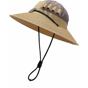 Sun Straw Hat for Women & Men - Wide Brim Safari Style, UPF 50+, Color Blocking Design