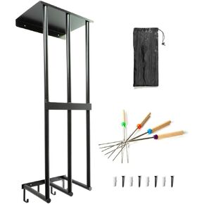 Camping Chair Wall Storage for Garage, Metal Rack Organizer with Floating Shelf and 4 Utility Hooks, Stainless Steel Mount Holder System for Umbrella Yoga Mat Folding Beach Seats, Black