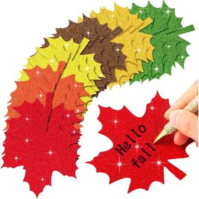 Qilery 240 Pieces Fall Leaves Cutouts Glitter Paper Leaf Die Cuts Cardboard Autumn Confetti Classroom Decorations with Glue Point Dots Maple Leaves Colorful Cutouts for Bulletin Board Decor