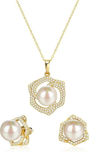 Gold Pearl Drop Necklace Earrings Set with CZ Crystals Pearl Pendant for Women Bride Bridesmaid Birthday Pearl Jewelry Gifts in Saudi Arabia