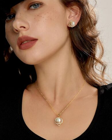 Gold Pearl Drop Necklace Earrings Set with CZ Crystals Pearl Pendant for Women Bride Bridesmaid Birthday Pearl Jewelry Gifts in Saudi Arabia
