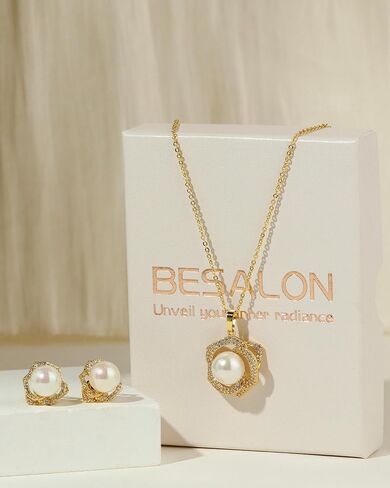 Gold Pearl Drop Necklace Earrings Set with CZ Crystals Pearl Pendant for Women Bride Bridesmaid Birthday Pearl Jewelry Gifts in Saudi Arabia
