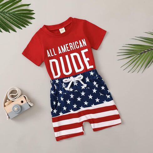 LIN&BABAY Infant Baby Boy 4th of July Outfits Short Sleeve T-shirts Tops American Flag Shorts 2 Pcs Independence Day Clothes in Saudi Arabia