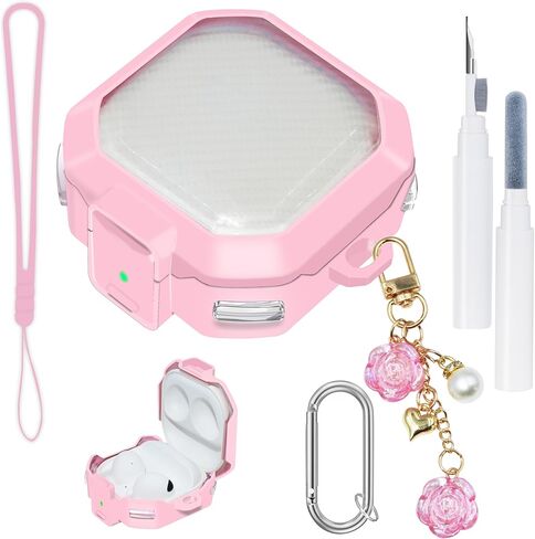 حافظة أرجوانية شفافة لهاتف Samsung Galaxy Buds FE/2 Pro/Pro/Live غطاء قفل آمن مع قلم تنظيف، مفتاح كبس لحافظة Galaxy Buds Fe مع حزام معصم من السيليكون وسلسلة مفاتيح على شكل زهرة لطيفة للنساء in Kuwait