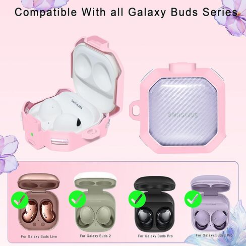 حافظة أرجوانية شفافة لهاتف Samsung Galaxy Buds FE/2 Pro/Pro/Live غطاء قفل آمن مع قلم تنظيف، مفتاح كبس لحافظة Galaxy Buds Fe مع حزام معصم من السيليكون وسلسلة مفاتيح على شكل زهرة لطيفة للنساء in Kuwait