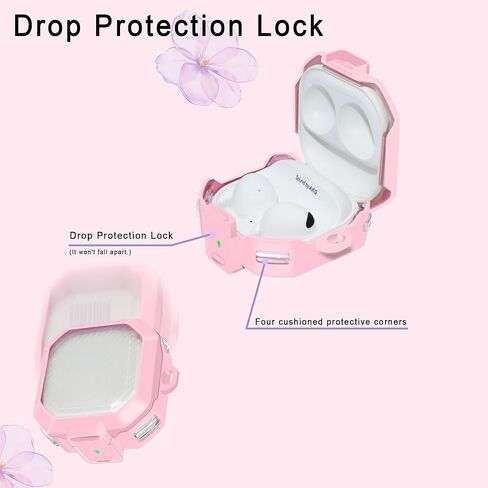 حافظة أرجوانية شفافة لهاتف Samsung Galaxy Buds FE/2 Pro/Pro/Live غطاء قفل آمن مع قلم تنظيف، مفتاح كبس لحافظة Galaxy Buds Fe مع حزام معصم من السيليكون وسلسلة مفاتيح على شكل زهرة لطيفة للنساء in Kuwait