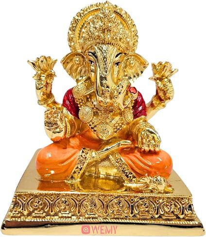 Gold Plated Lord Dagdusheth Ganesha Idol for Car Dashboard with Adhesive Sticker Base | Small Ganesh Murti for Home, Pooja Room Decor & Gifting - Resin (3.5 Inches) in Saudi Arabia