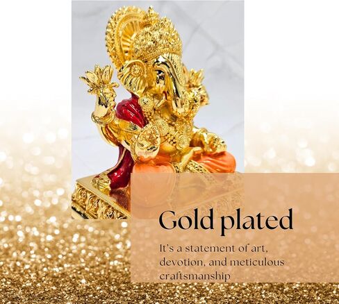 Gold Plated Lord Dagdusheth Ganesha Idol for Car Dashboard with Adhesive Sticker Base | Small Ganesh Murti for Home, Pooja Room Decor & Gifting - Resin (3.5 Inches) in Saudi Arabia