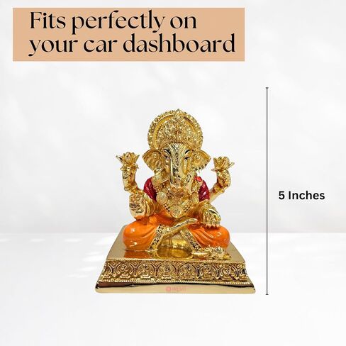 Gold Plated Lord Dagdusheth Ganesha Idol for Car Dashboard with Adhesive Sticker Base | Small Ganesh Murti for Home, Pooja Room Decor & Gifting - Resin (3.5 Inches) in Saudi Arabia