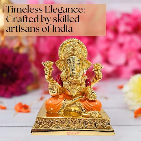 Gold Plated Lord Dagdusheth Ganesha Idol for Car Dashboard with Adhesive Sticker Base | Small Ganesh Murti for Home, Pooja Room Decor & Gifting - Resin (3.5 Inches) in Saudi Arabia